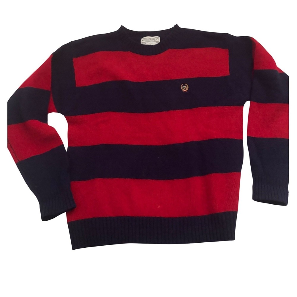 Newton Trading Co Mens XL 100% Shetland Wool Striped Crewneck Sweater Navy‎ Red